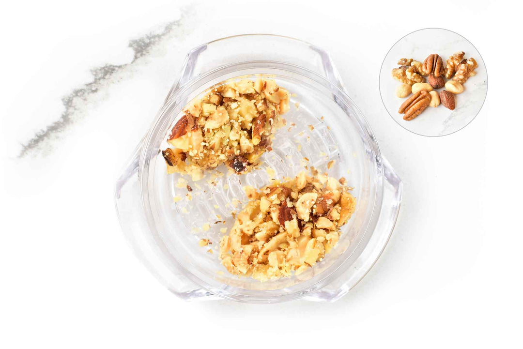 Garlic Twister showing minced peanuts, and a picture of the nuts unminced.